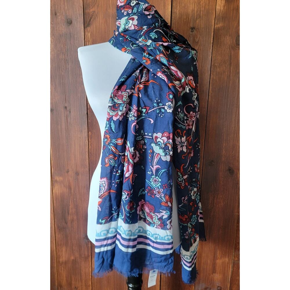 NWT Talbots Blue Floral‎ Scarf 100% Modal Pink Aqua Orange Vibrant Print Fringe